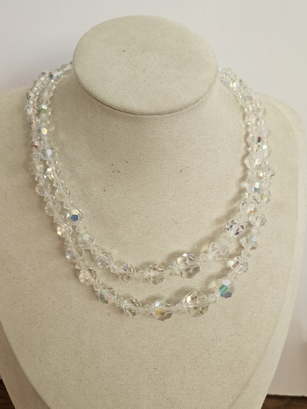 Vintage Aurora Borealis Glass Beads Double Strand Necklace AB Multistrand